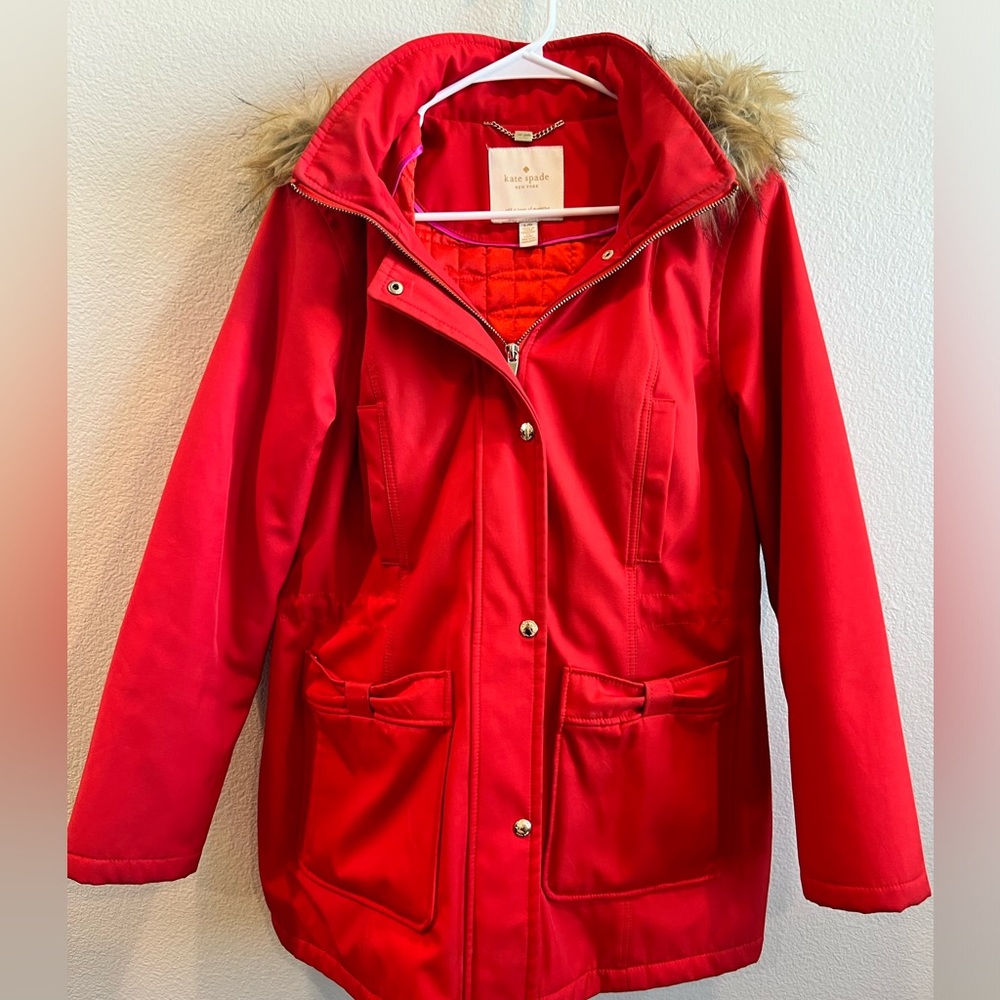 Kate Spade gorgeous red winter quilted jacket with removable hood Size Large